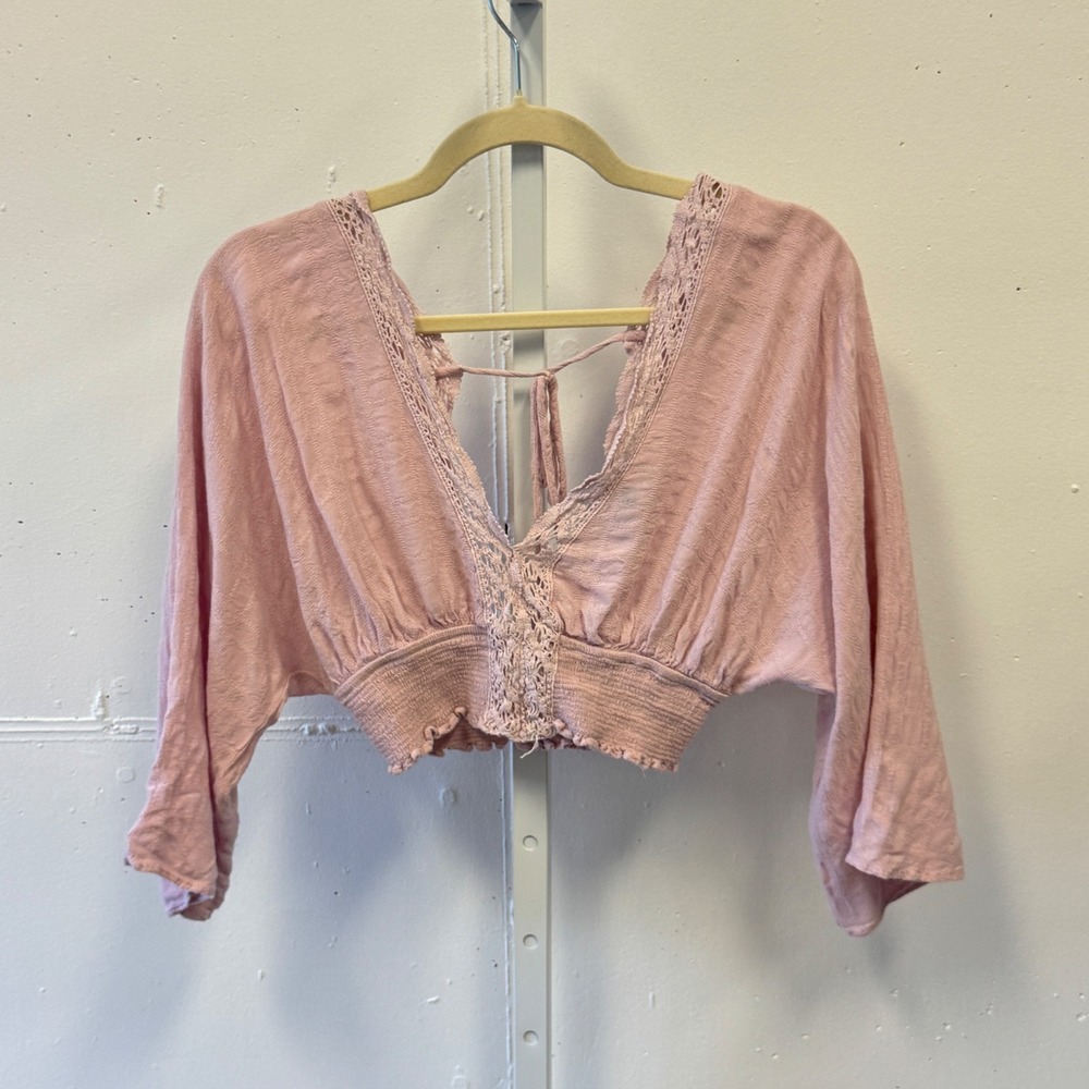 Cotton Candy LA Pink Crochet Lace Smocked Crop Top Blouse Wide Sleeve Boho Small